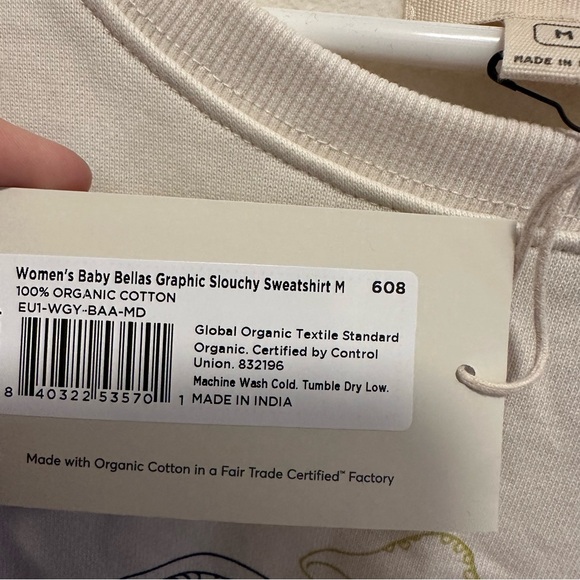 PACT 100% Organic Cotton Baby Bellas Mushroom White Slouchy Sweatshirt Size Med - Picture 4 of 5